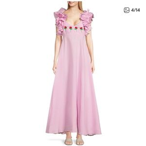 Fanm Mon Aster Pink Deme Linen Embroidered Maxi Dress ruffle pink medium floral